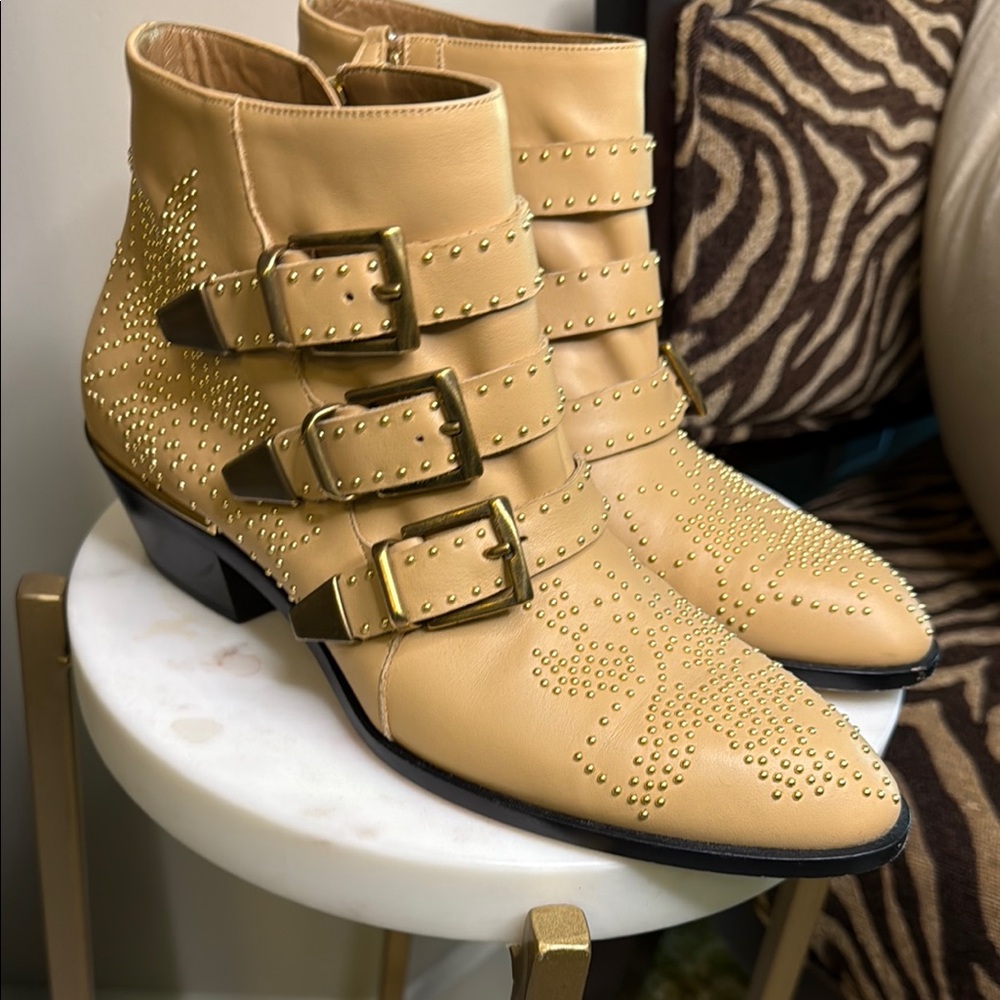 Chloe Studded Tan Ankle Boots